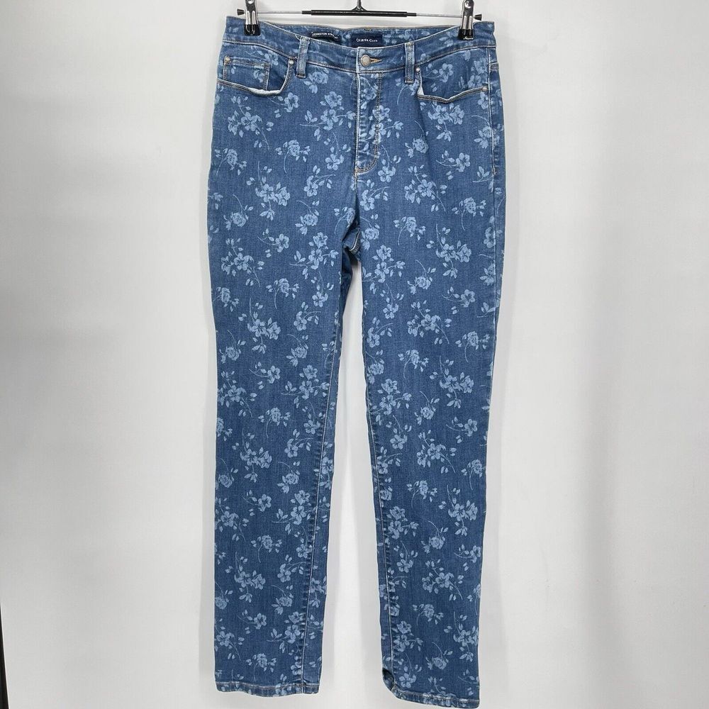 Charter Club 8 Lexington Straight Jeans Womens Blue Floral Print Stretch Denim